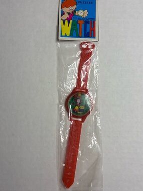 New Vintage 1990's Kid's Red Plastic Puzzle Dime Store Novelty Toy Watch